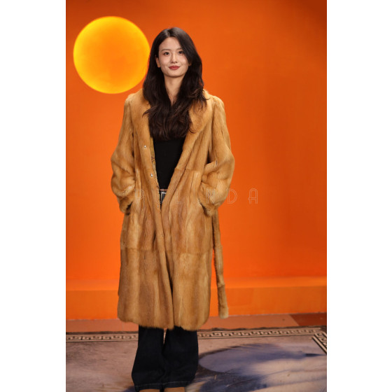 Real wool imported gold mink long coat women's hooded gold fur fashion coat
