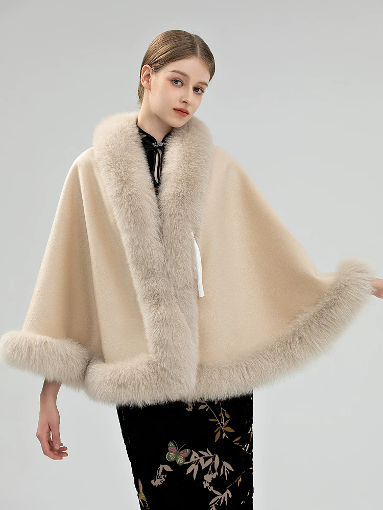 Women's Winter Warm Double-Faced Wool Cape with Fox Fur Collar