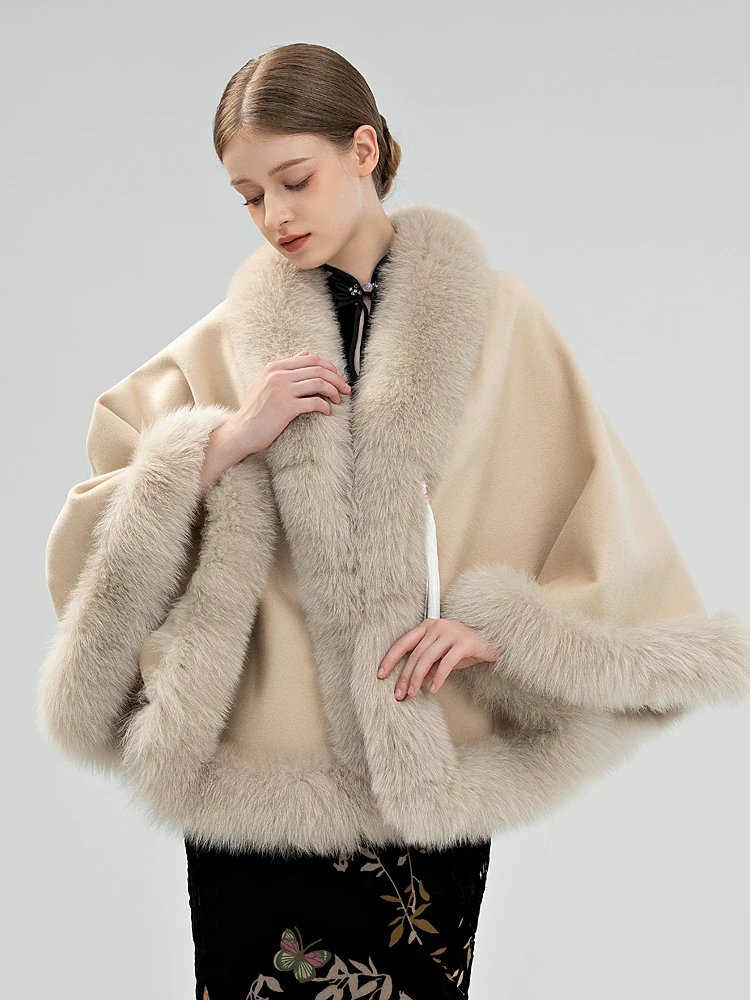 Women's Winter Warm Double-Faced Wool Cape with Fox Fur Collar
