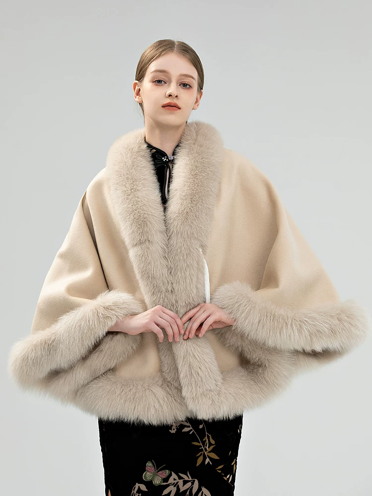 Women's Winter Warm Double-Faced Wool Cape with Fox Fur Collar