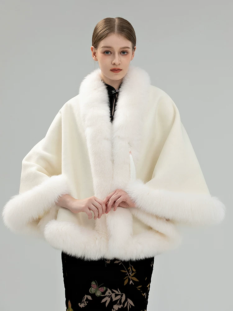 Women's Winter Warm Double-Faced Wool Cape with Fox Fur Collar