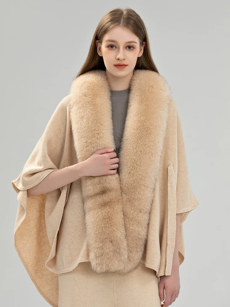 Women's Pure Wool Knit Cape/Poncho/Scarf – Autumn/Winter Fashionable Sweater-Coat with Fox Fur Collar