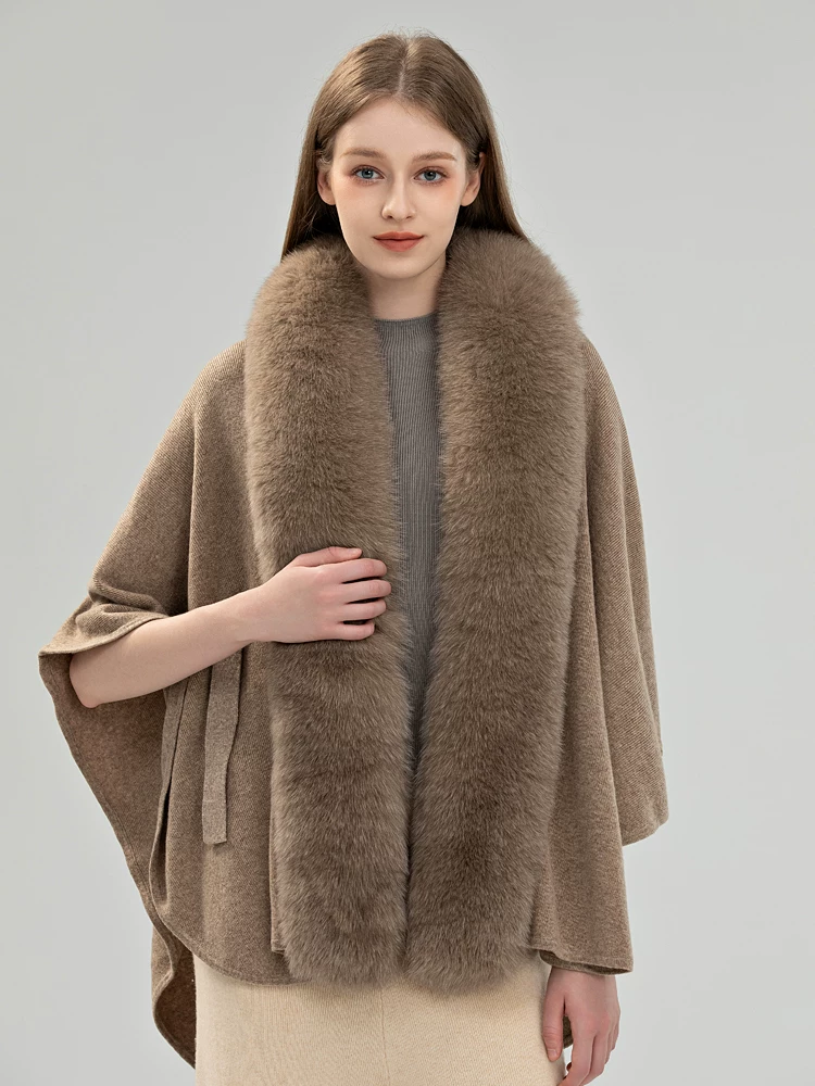 Women's Pure Wool Knit Cape/Poncho/Scarf – Autumn/Winter Fashionable Sweater-Coat with Fox Fur Collar