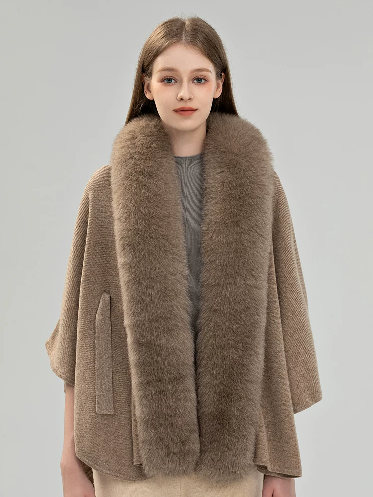 Women's Pure Wool Knit Cape/Poncho/Scarf – Autumn/Winter Fashionable Sweater-Coat with Fox Fur Collar