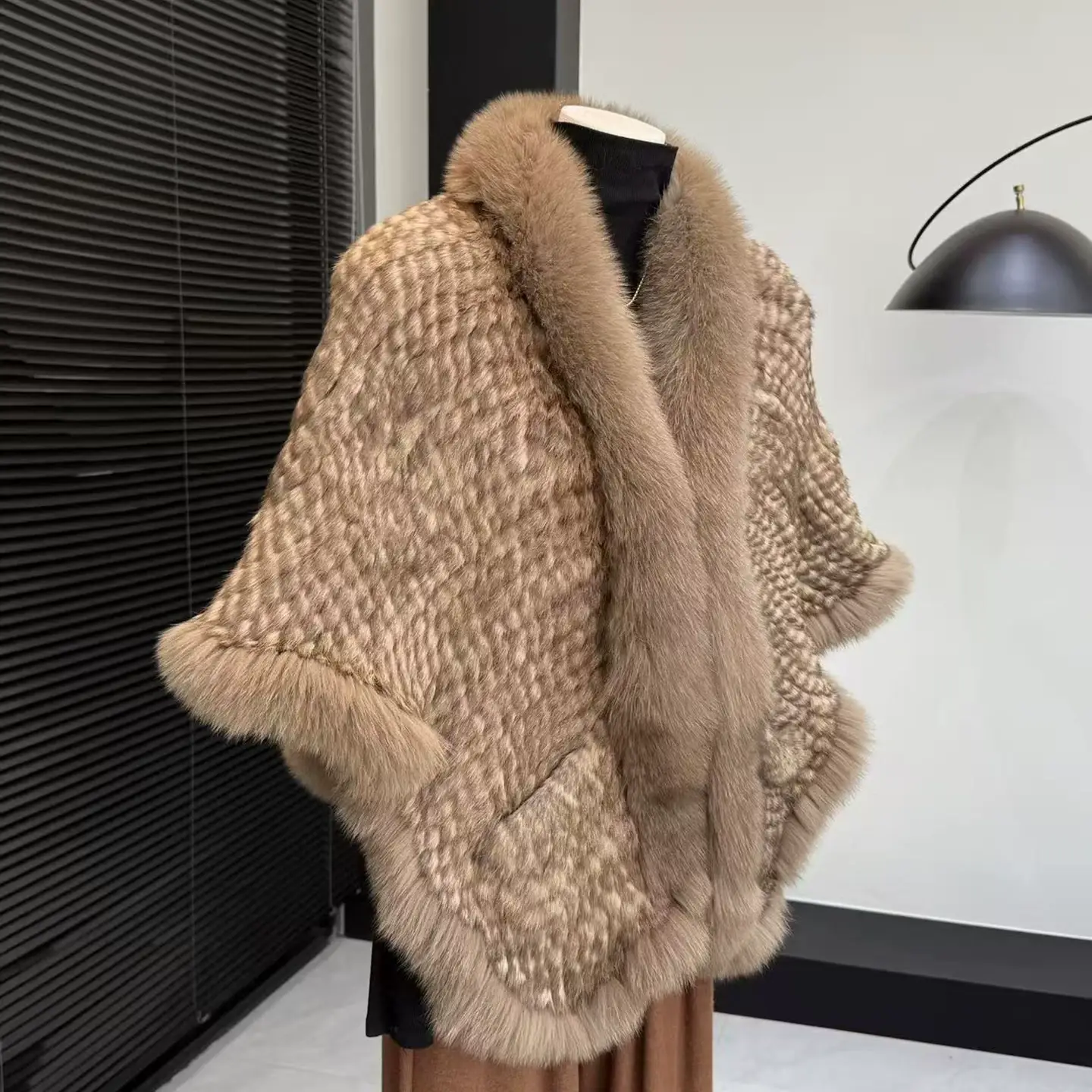 Genuine Rabbit Fur Knitted Cape for Women with Fox Fur Collar – Elegant Warm Winter Shawl, Dressy Outerwear