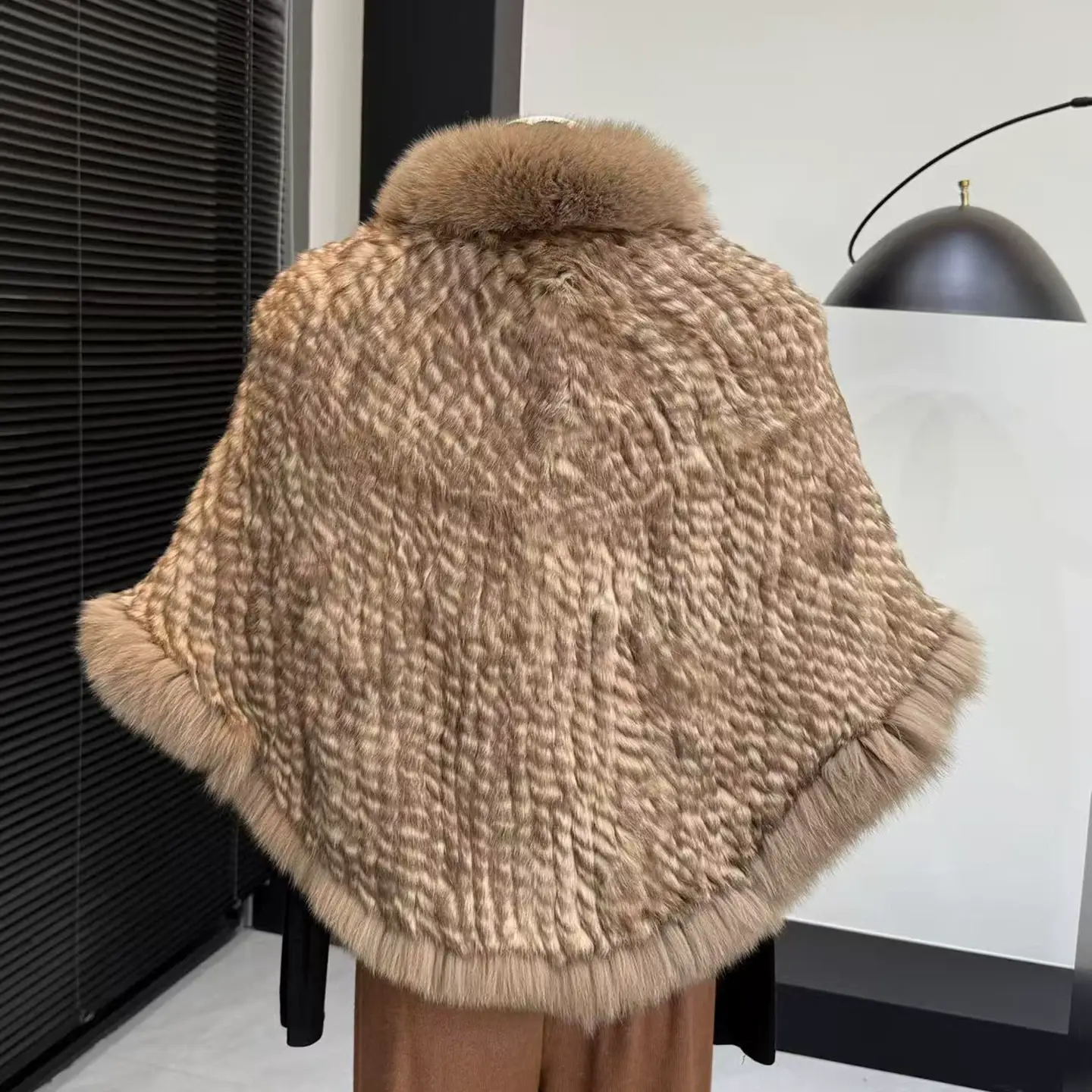 Genuine Rabbit Fur Knitted Cape for Women with Fox Fur Collar – Elegant Warm Winter Shawl, Dressy Outerwear