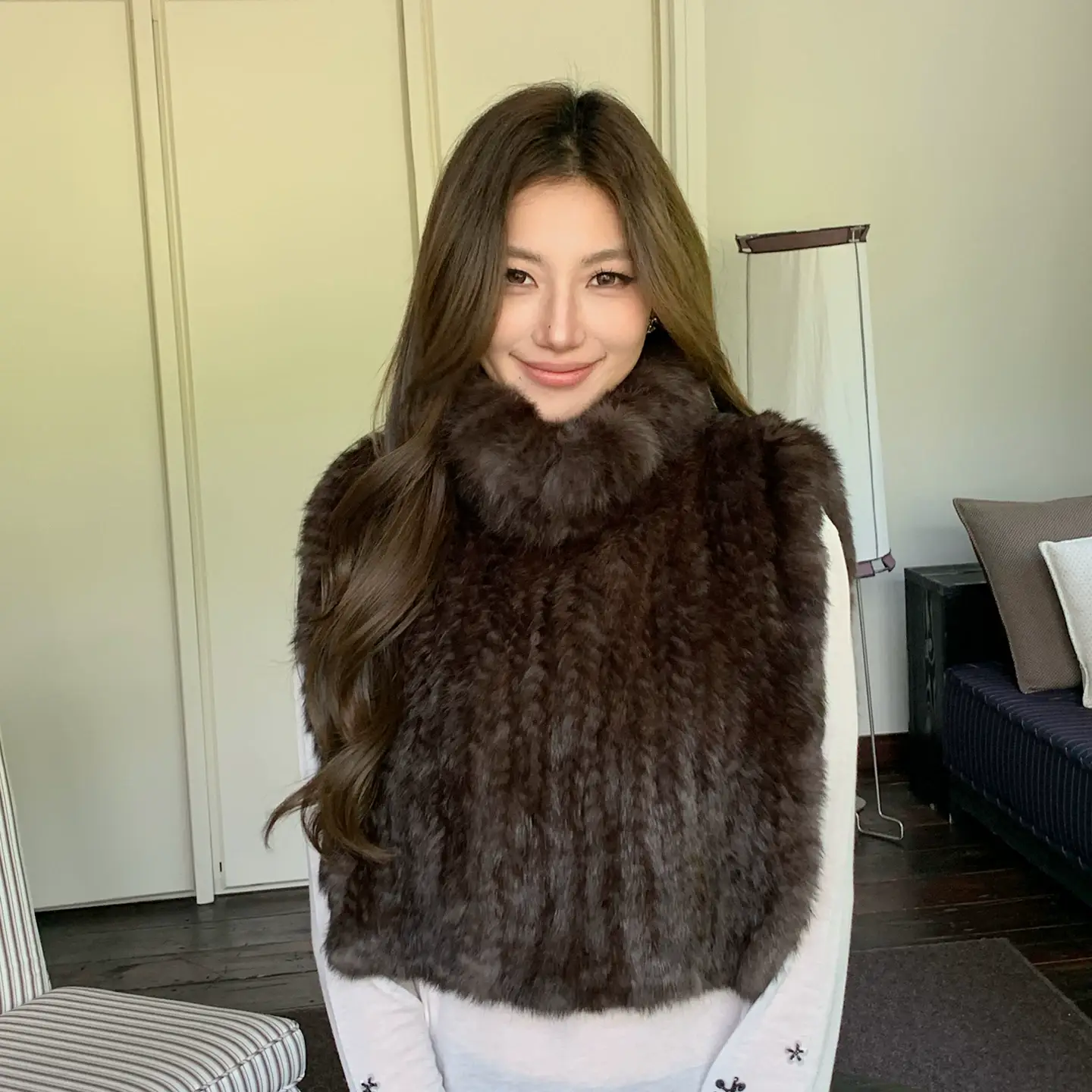 Women's Real Rabbit Fur Knitted Shawl – Double-Sided, Thick & Warm, Sable-Tone Winter Neck Wrap