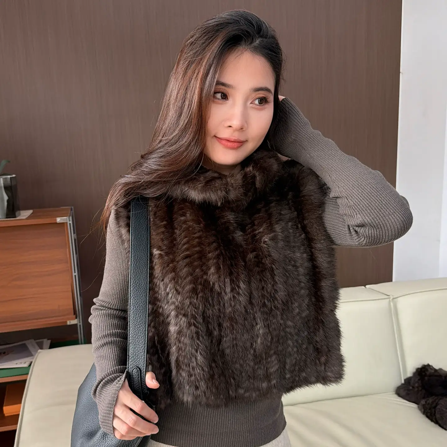 Women's Real Rabbit Fur Knitted Shawl – Double-Sided, Thick & Warm, Sable-Tone Winter Neck Wrap