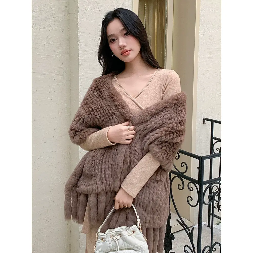 Genuine Rex Rabbit Fur Shawl Cape – Double-Sided Thick Fur Wrap, Elegant Luxury Winter Outerwear for Women