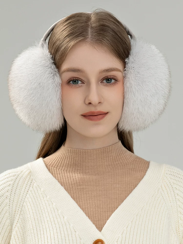 Women's Adjustable Genuine Fox Fur Earmuffs – Warm, Plush, and Fluffy Ear Warmers for Autumn and Winter