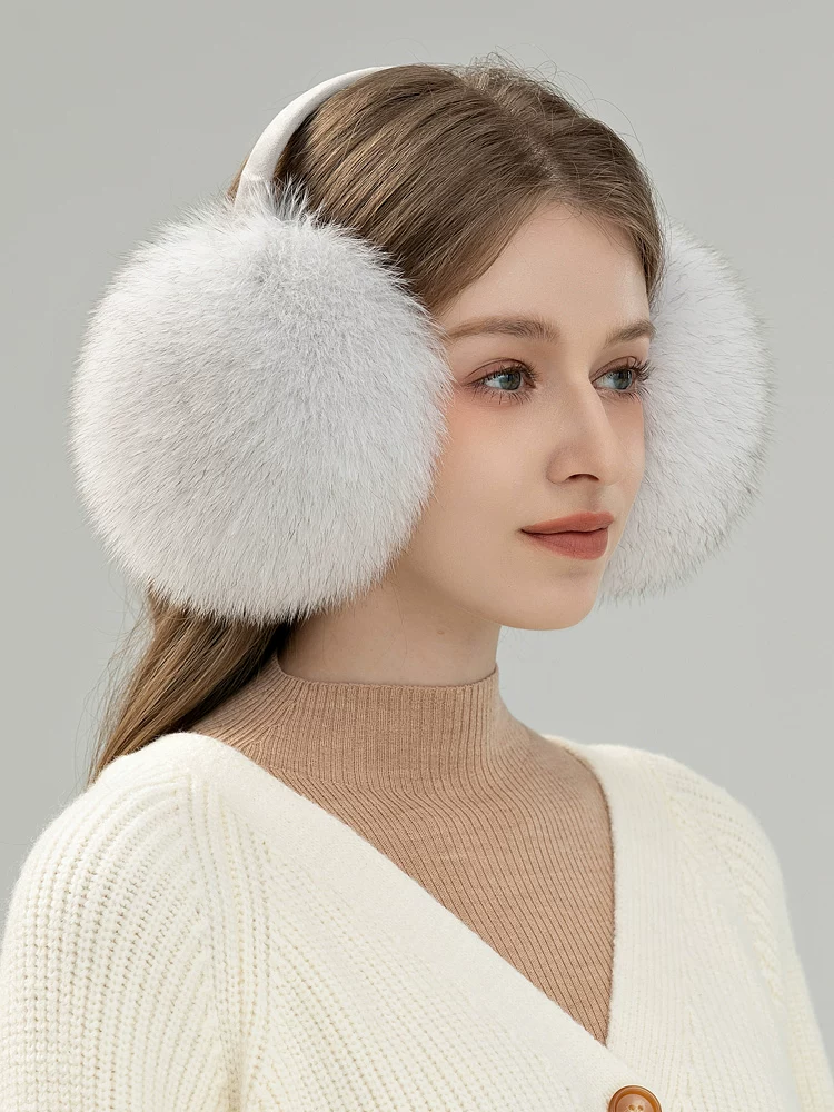 Women's Adjustable Genuine Fox Fur Earmuffs – Warm, Plush, and Fluffy Ear Warmers for Autumn and Winter