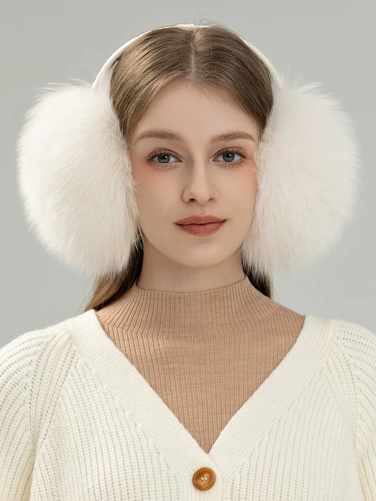 Women's Adjustable Genuine Fox Fur Earmuffs – Warm, Plush, and Fluffy Ear Warmers for Autumn and Winter