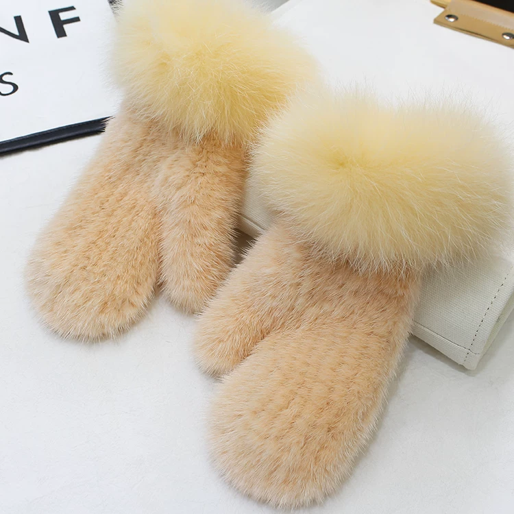 Women’s Genuine Mink Fur Knitted Mittens with Oversized Fox Fur Cuffs – Warm Winter Gloves