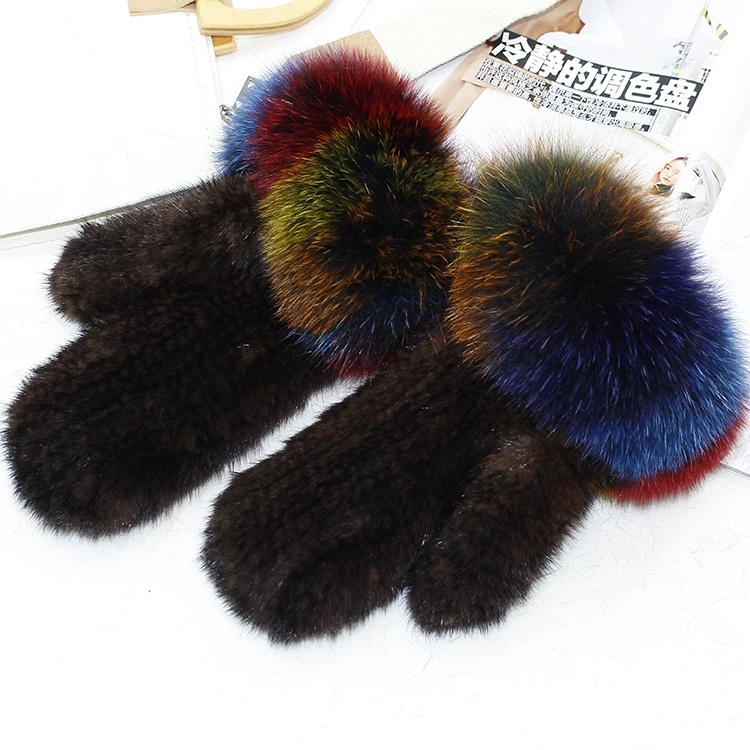 Women’s Genuine Mink Fur Knitted Mittens with Oversized Fox Fur Cuffs – Warm Winter Gloves