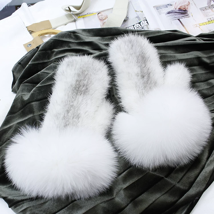 Women’s Genuine Mink Fur Knitted Mittens with Oversized Fox Fur Cuffs – Warm Winter Gloves