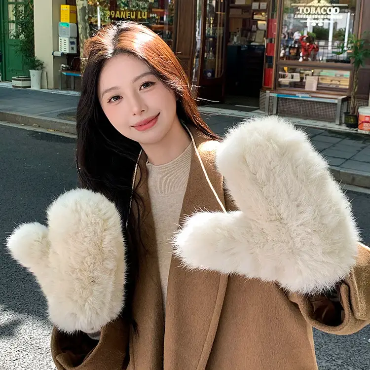 Women's Knitted Rabbit Fur Mittens – Warm Lined Winter Gloves, Soft Stretchy Real Fur Mittens for Cold Weather