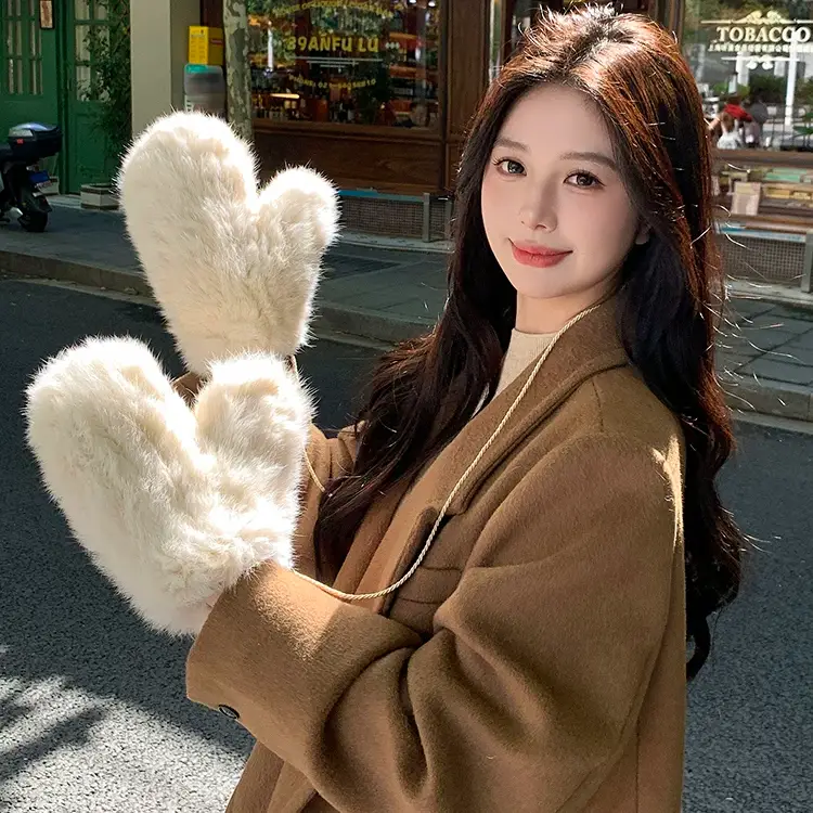 Women's Knitted Rabbit Fur Mittens – Warm Lined Winter Gloves, Soft Stretchy Real Fur Mittens for Cold Weather