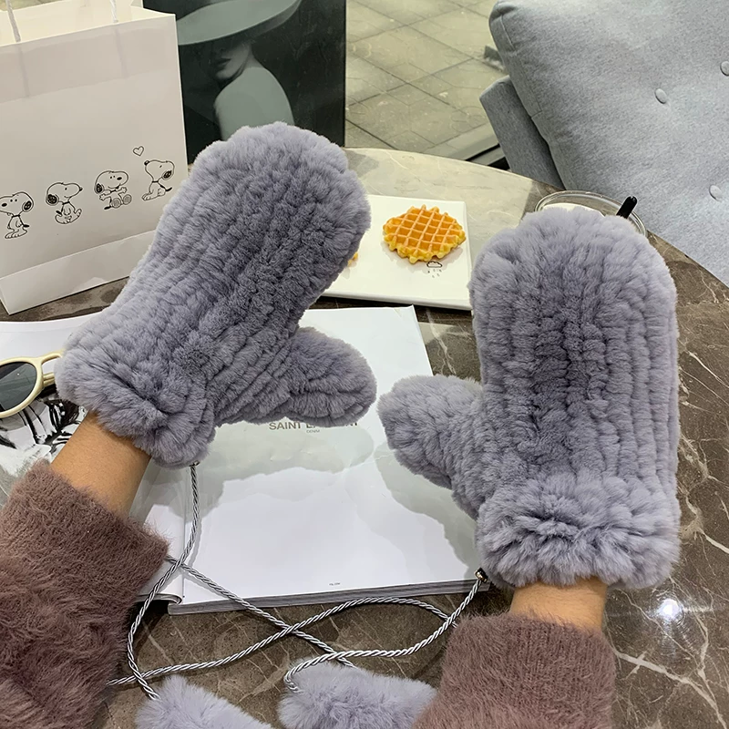 Genuine Rex Rabbit Fur Knitted Mittens – Warm, Stretchy & Cozy Winter Gloves