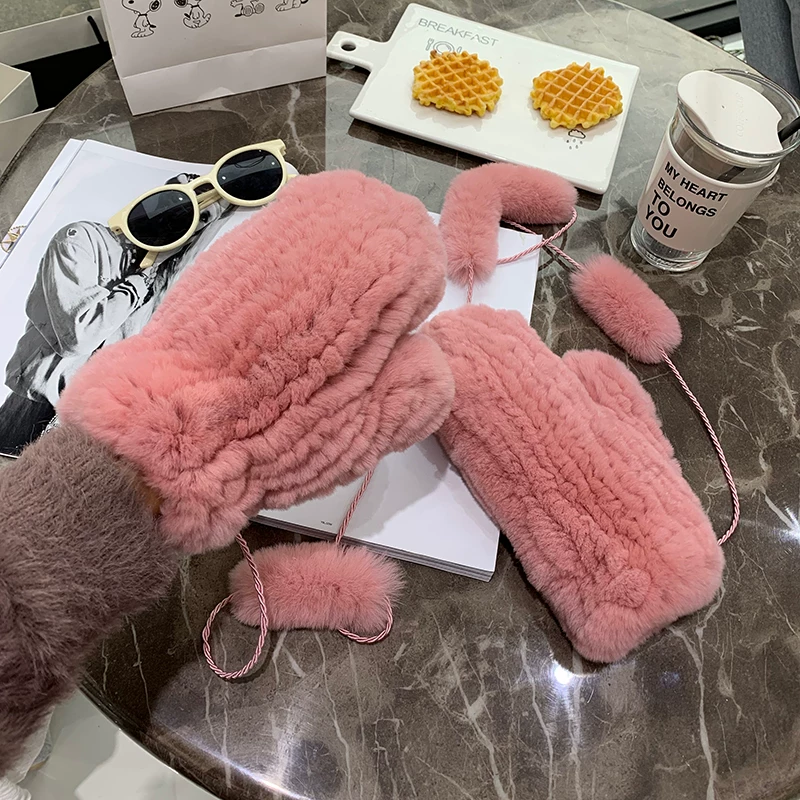 Genuine Rex Rabbit Fur Knitted Mittens – Warm, Stretchy & Cozy Winter Gloves