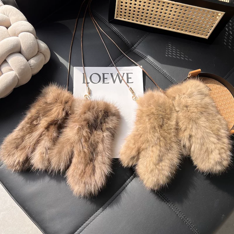 Real Sable Fur Mittens for Women – Luxury Winter Gloves, Warm Knitted Stretch Design with Soft Lining & Neck Strap
