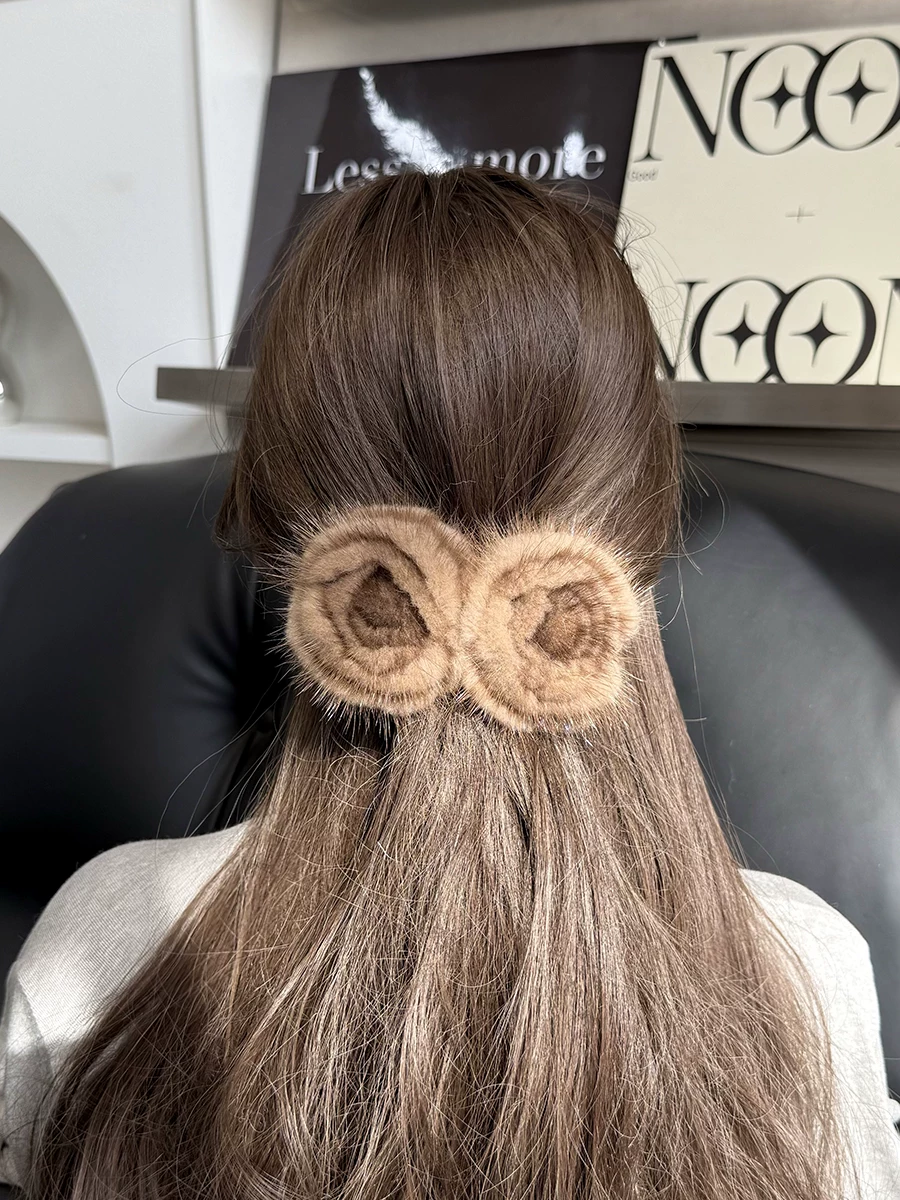 Mink Fur Rose Hair Clip for Women – Chinese-Inspired Floral Duckbill Clip, Elegant Statement Hair Accessory