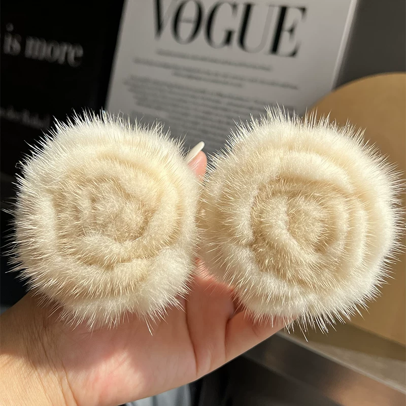 Mink Fur Flower Scrunchie – Fluffy Hair Tie for Bun & Ponytail