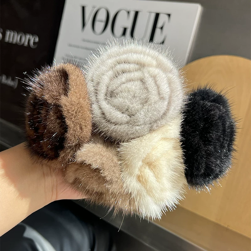 Mink Fur Flower Scrunchie – Fluffy Hair Tie for Bun & Ponytail