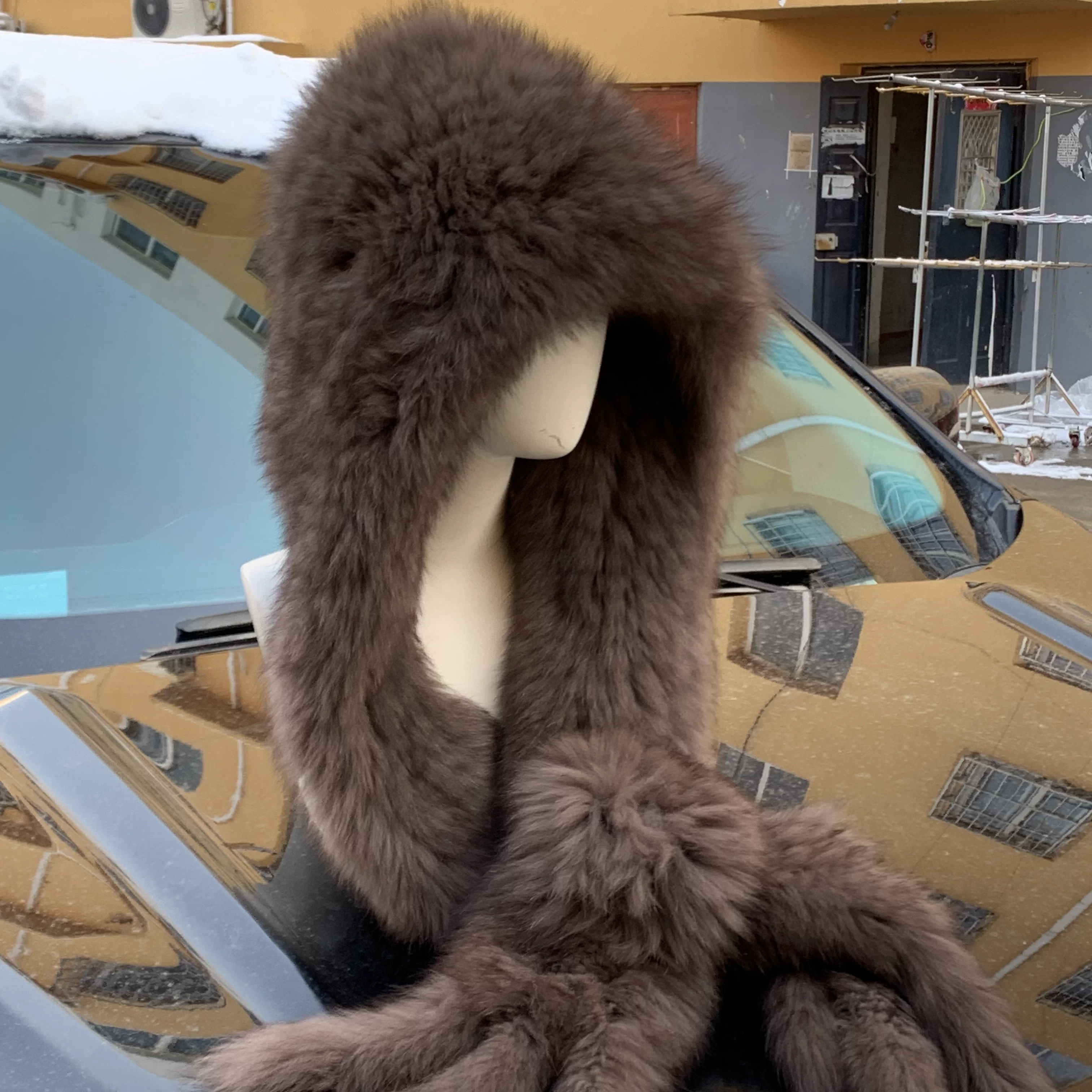 New Winter Women’s Genuine Fox Fur Hooded Hat and Scarf, Thick Double-Sided Winter Hat, Warm and Cozy with Ear Coverage