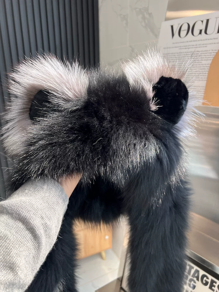 Women’s Real Fox & Raccoon Dog Fur Hat & Scarf in One, Double-Sided Winter Snow Hat with Cute Bear Ears, Warm and Cozy