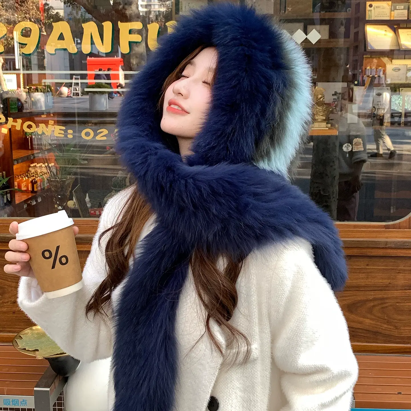 Women’s Real Fox Fur Hooded Scarf – Warm Winter Hat and Scarf Combo