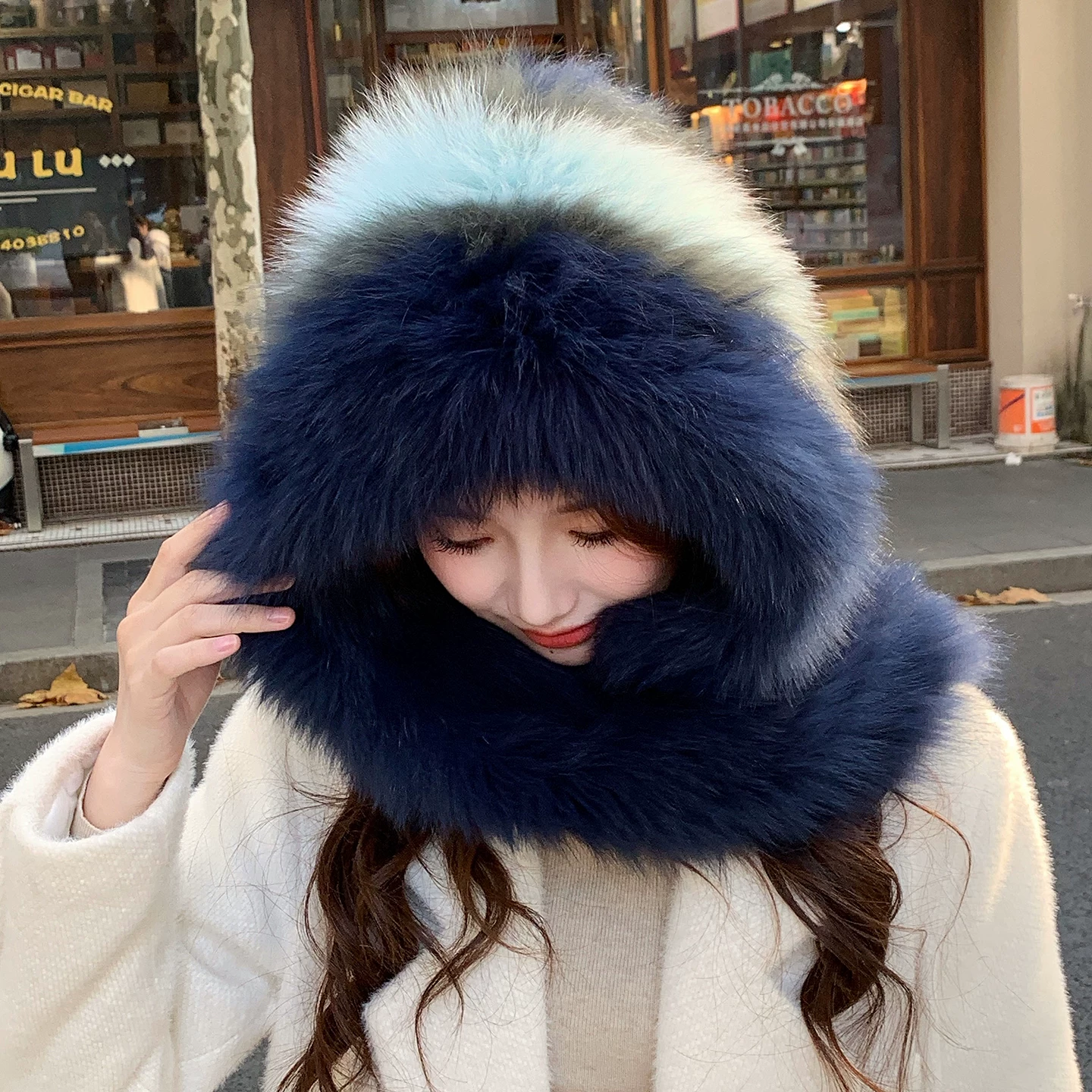 Women’s Real Fox Fur Hooded Scarf – Warm Winter Hat and Scarf Combo