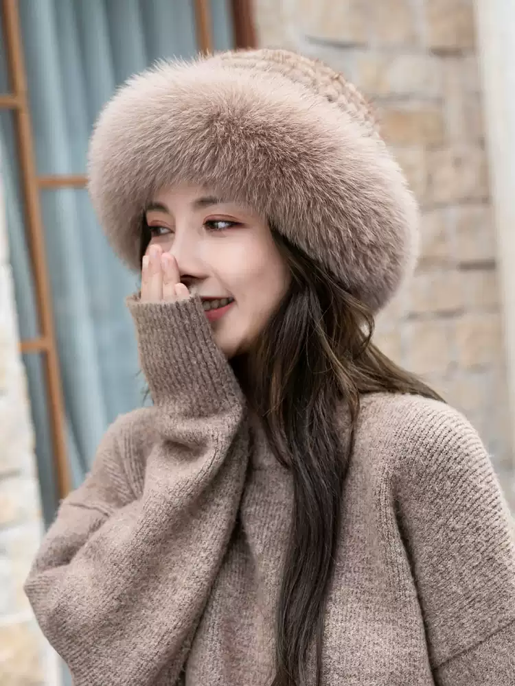 Women's Winter Casual Knitted Mink Fur Bucket Hat with Fox Fur Trim – Warm