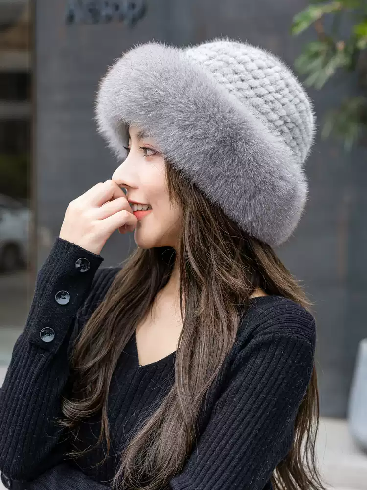 Women's Winter Casual Knitted Mink Fur Bucket Hat with Fox Fur Trim – Warm