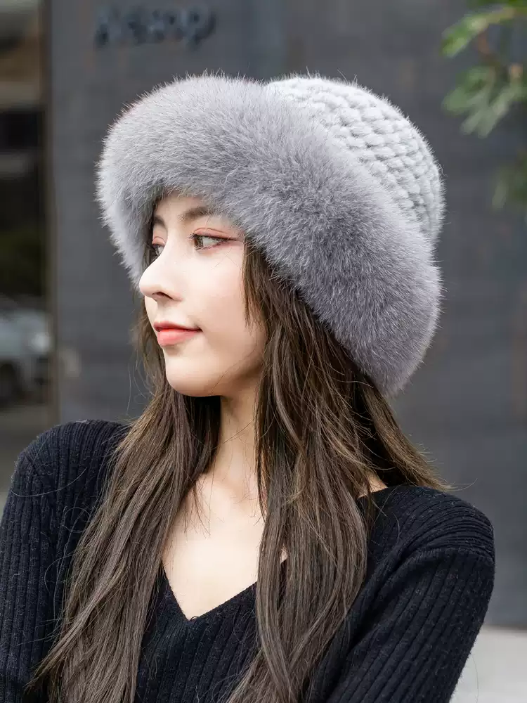 Women's Winter Casual Knitted Mink Fur Bucket Hat with Fox Fur Trim – Warm