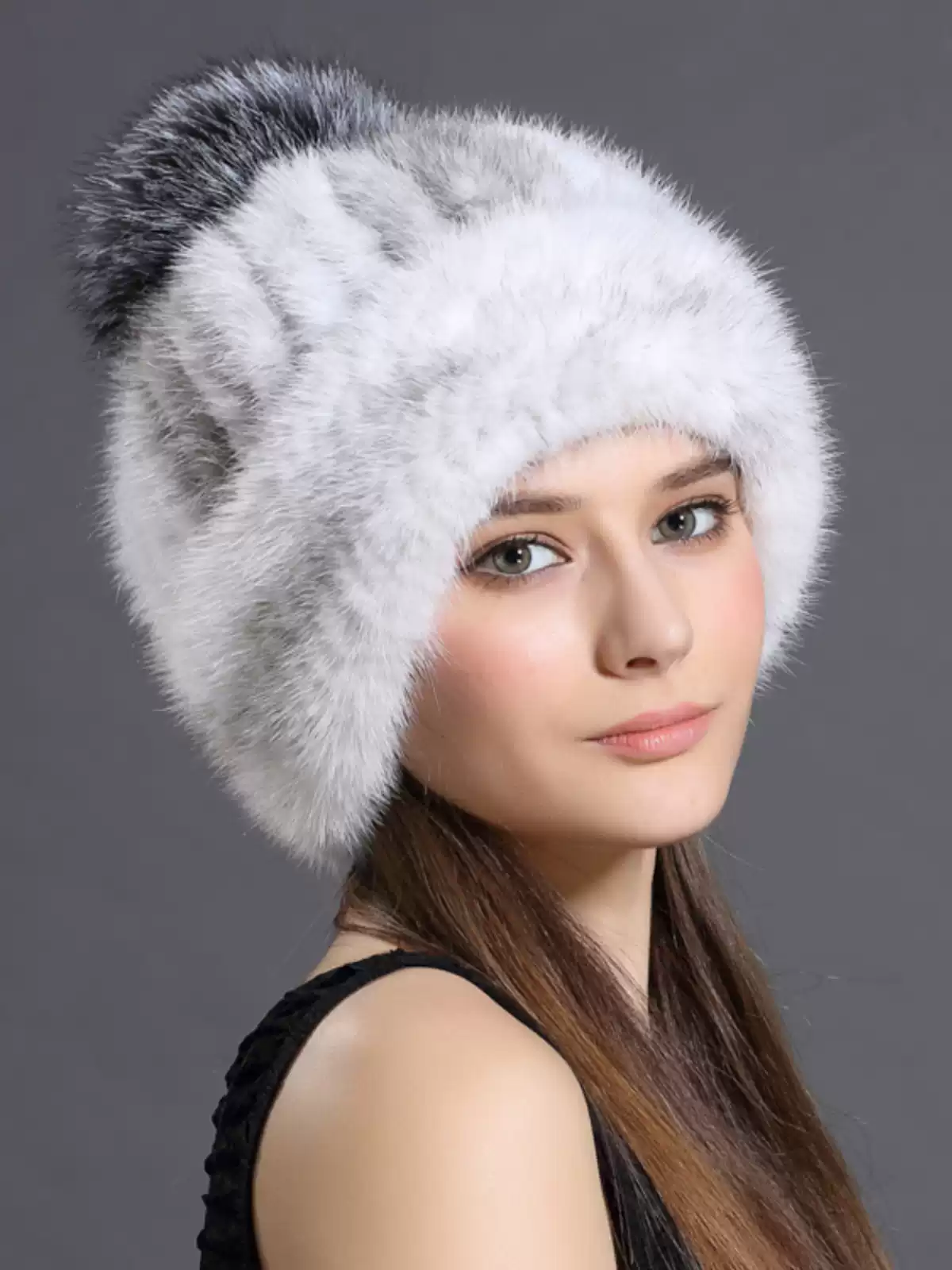 Women's New Knitted Mink Fur Hat – Thick, Warm Winter Hat with Ear Protection and Fox Fur Pom-pom