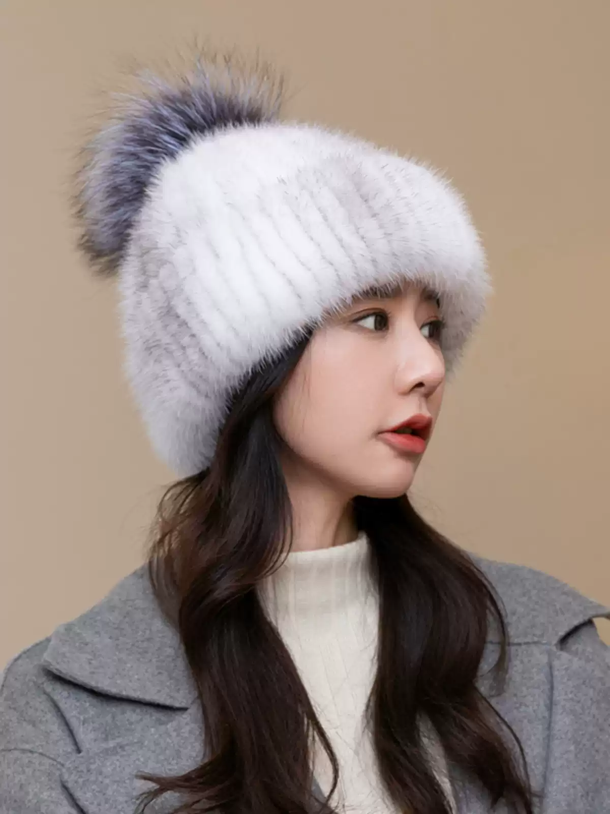 Women's New Knitted Mink Fur Hat – Thick, Warm Winter Hat with Ear Protection and Fox Fur Pom-pom