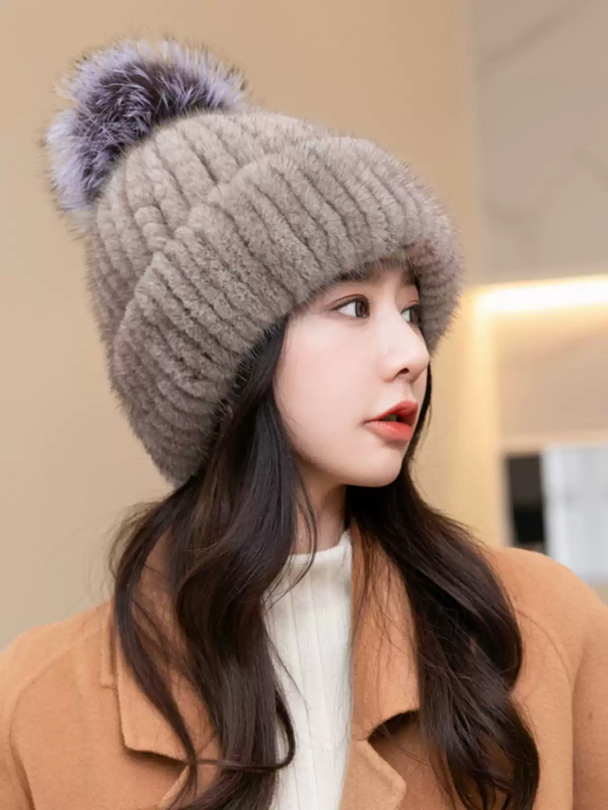 Women's New Knitted Mink Fur Hat – Thick, Warm Winter Hat with Ear Protection and Fox Fur Pom-pom