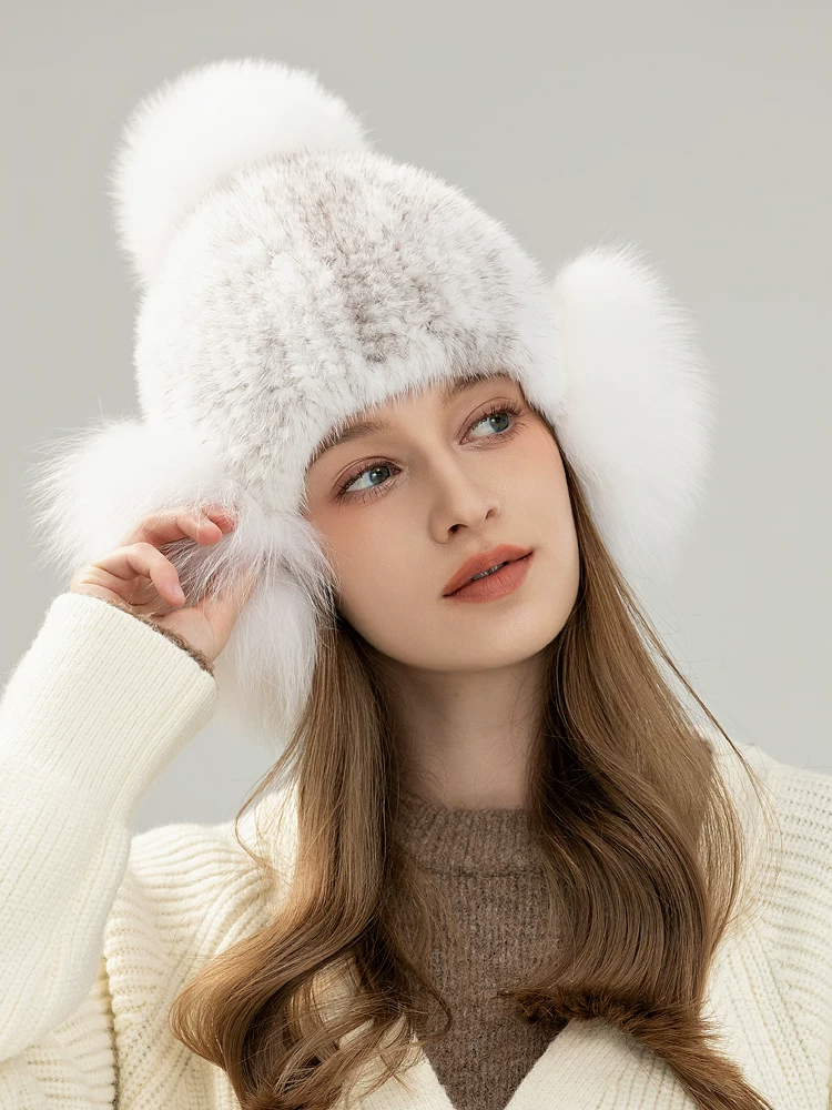 Women's versatile, sweet, and cute reversible stretch mink fur hat, featuring warm, full-pelt fox fur ear flaps