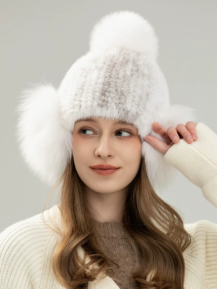 Women's versatile, sweet, and cute reversible stretch mink fur hat, featuring warm, full-pelt fox fur ear flaps