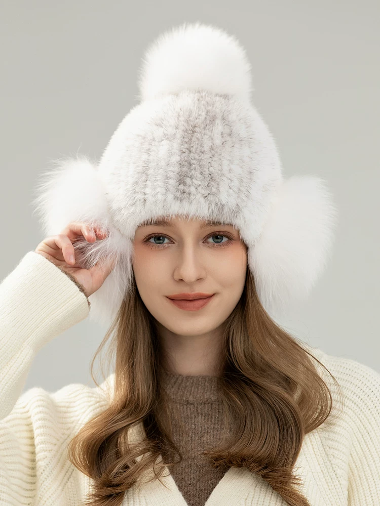 Women's versatile, sweet, and cute reversible stretch mink fur hat, featuring warm, full-pelt fox fur ear flaps