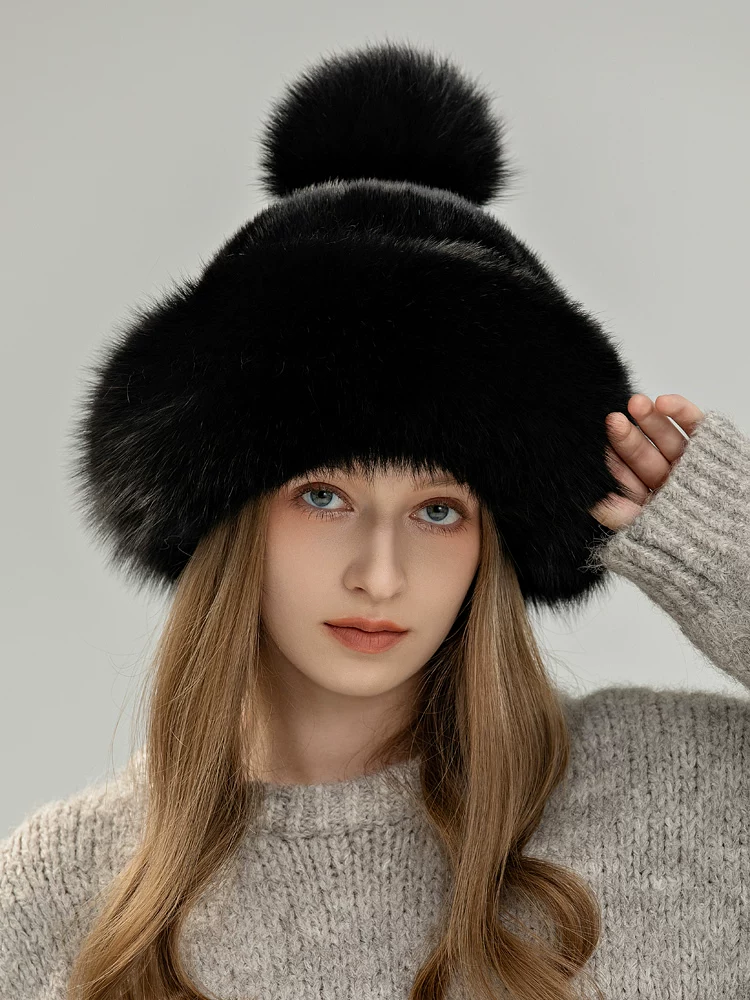 Women's Warm & Casual Mink Fur Hat – Stylish, Versatile, and Topped with a Fox Fur Pom-pom