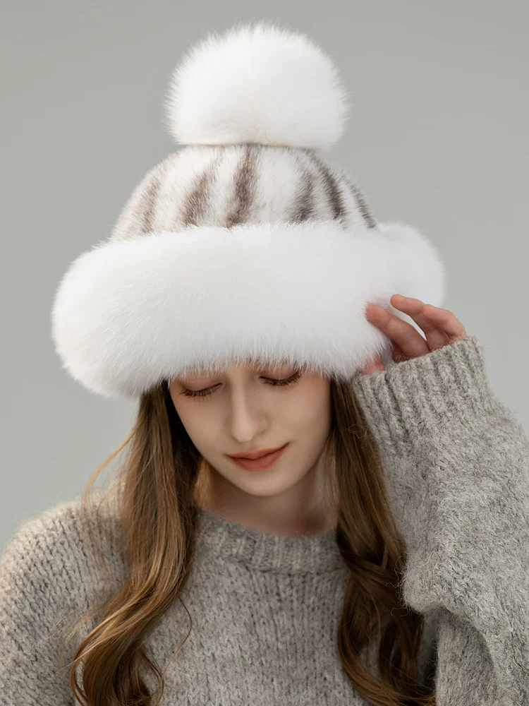 Women's Warm & Casual Mink Fur Hat – Stylish, Versatile, and Topped with a Fox Fur Pom-pom