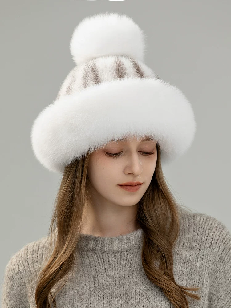 Women's Warm & Casual Mink Fur Hat – Stylish, Versatile, and Topped with a Fox Fur Pom-pom