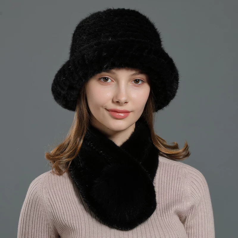 Women's Mink Fur Hat with Fox Fur Pom-pom Scarf – Warm Outdoor Ear-Protecting Fur Hat