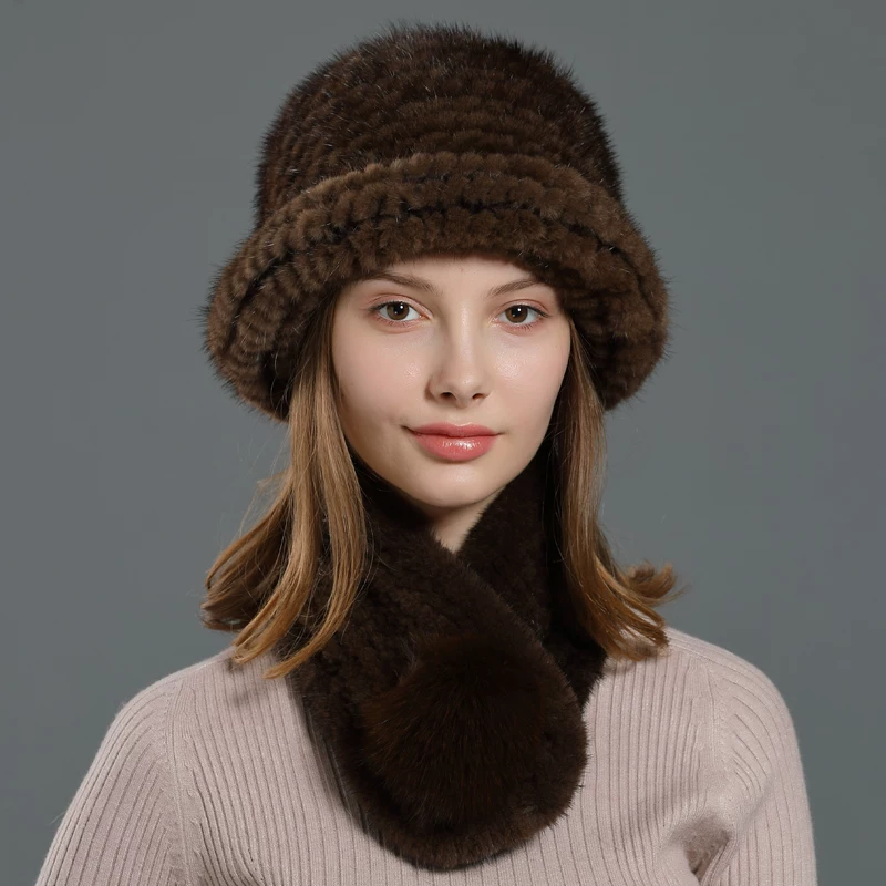 Women's Mink Fur Hat with Fox Fur Pom-pom Scarf – Warm Outdoor Ear-Protecting Fur Hat