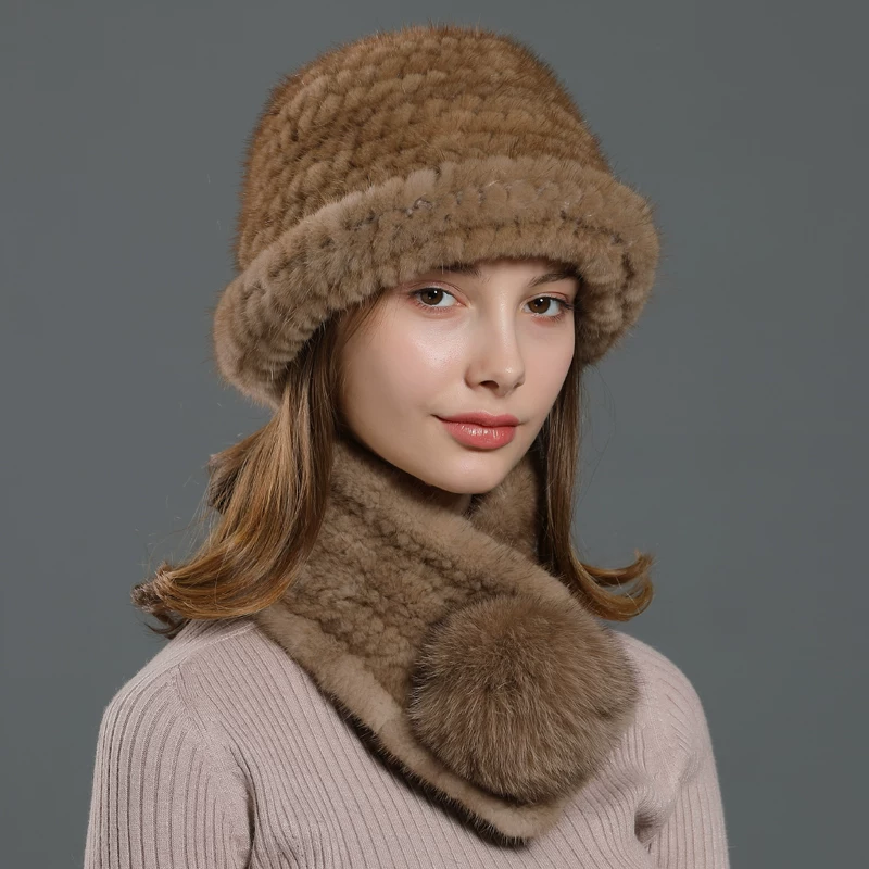 Women's Mink Fur Hat with Fox Fur Pom-pom Scarf – Warm Outdoor Ear-Protecting Fur Hat