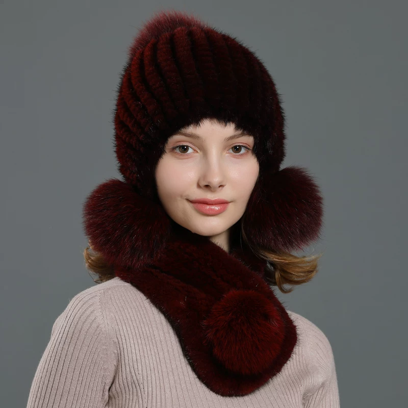Women's Winter Mink Fur Hat with Fox Fur Pom-Poms and Ear Flaps – Warm, Cute, and Stylish; Ideal for Cycling and Commuting