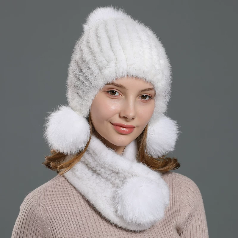 Women's Winter Mink Fur Hat with Fox Fur Pom-Poms and Ear Flaps – Warm, Cute, and Stylish; Ideal for Cycling and Commuting