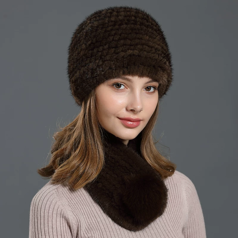 New Women's Winter Mink Hat – Outdoor Fur Hat with Ear Flaps, Stylish Fox Fur Pom-pom, and Matching Mink Scarf