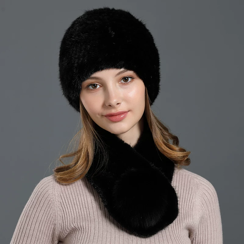New Women's Winter Mink Hat – Outdoor Fur Hat with Ear Flaps, Stylish Fox Fur Pom-pom, and Matching Mink Scarf